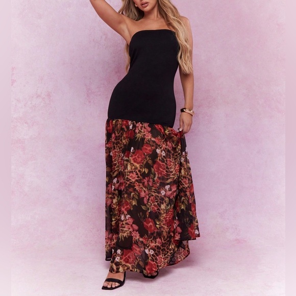 🆕Missguided Black and Floral Strapless Maxi Dress - Picture 1 of 4